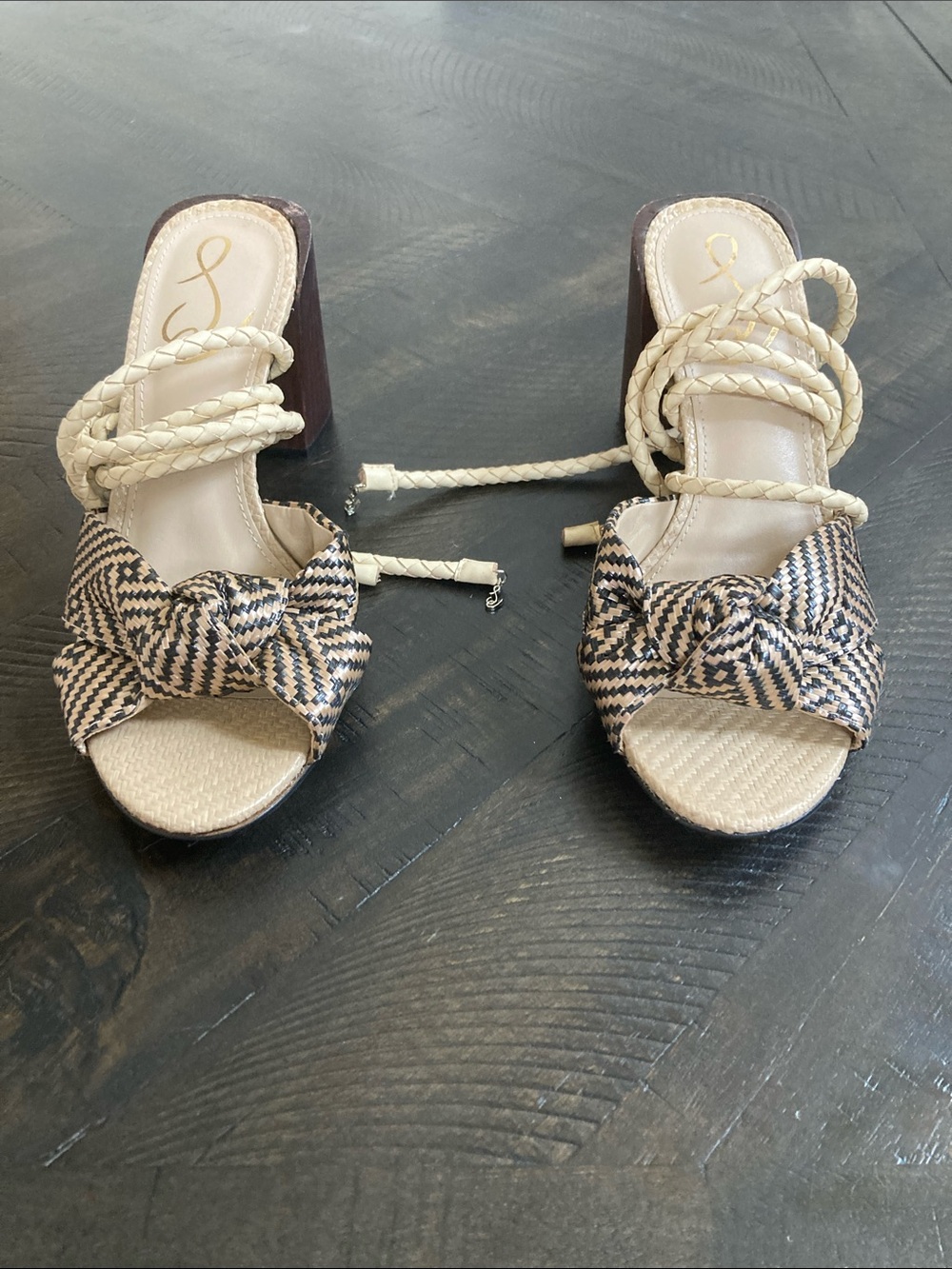 Nordstrom Sam Edelman Bodhi Beige and Black Braided Knot Block Heel Sandals